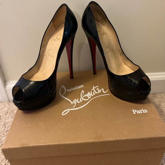 AUTHENTIC CHRISTIAN LOUBOUTIN Lady Peep 150 black patent calf leather pumps - Picture 3 of 9
